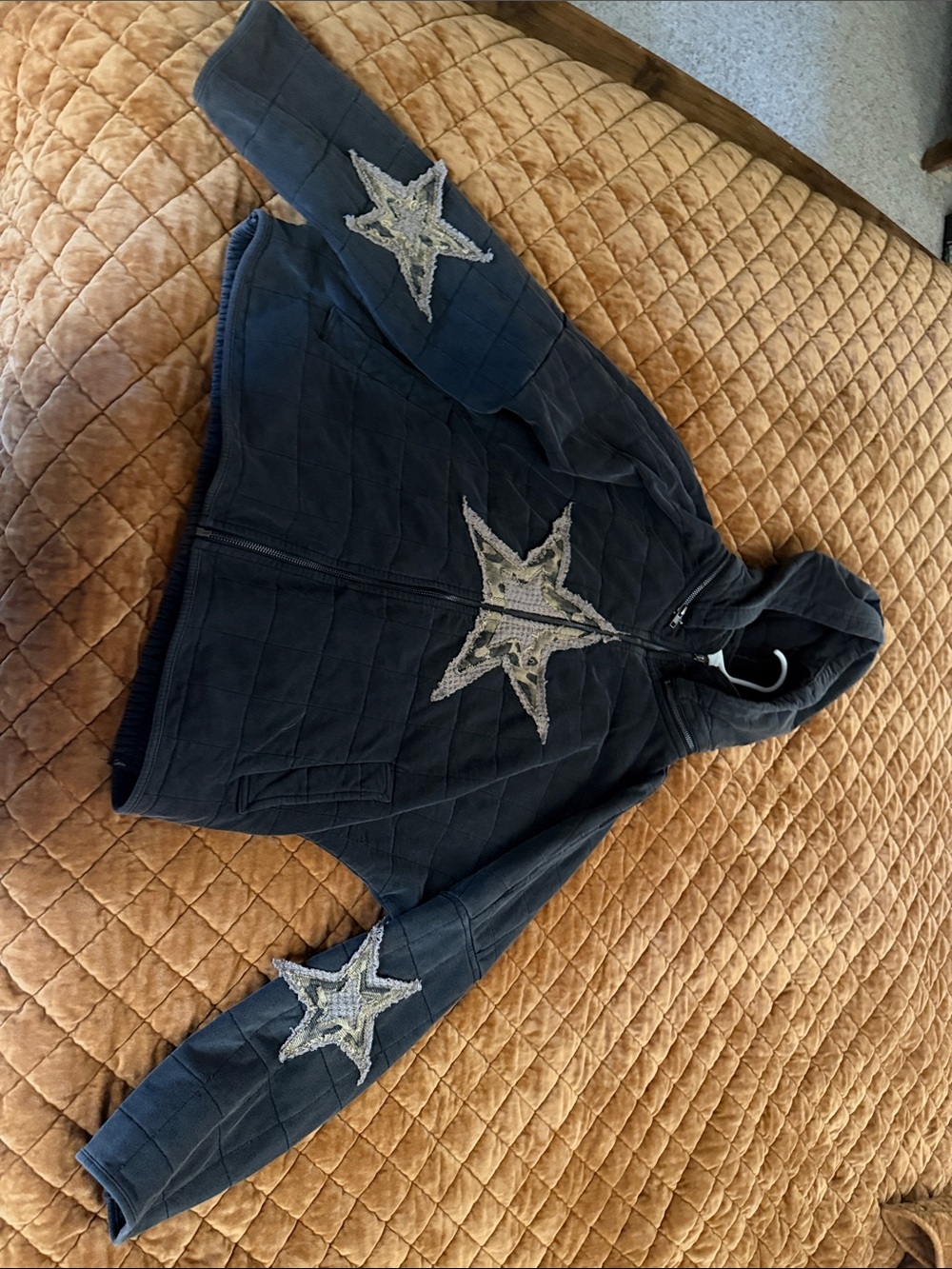 Navy Quilted Zip Hoodie with Sequin Star Patches